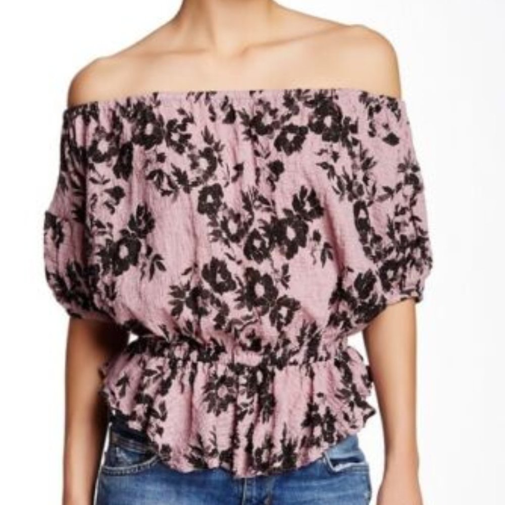 FREE PEOPLE Top XS SHADES OF COOL Strappy Floral Blouse Off Shoulder Crinkle NWT